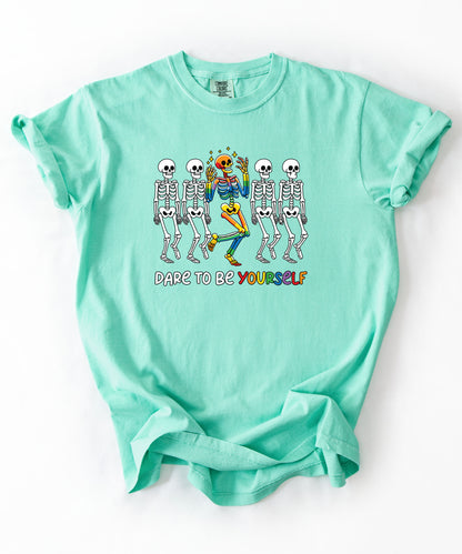 Dare to Be Yourself Rainbow Skeleton T-Shirt in Island Reef— garment-dyed Halloween Pride tee