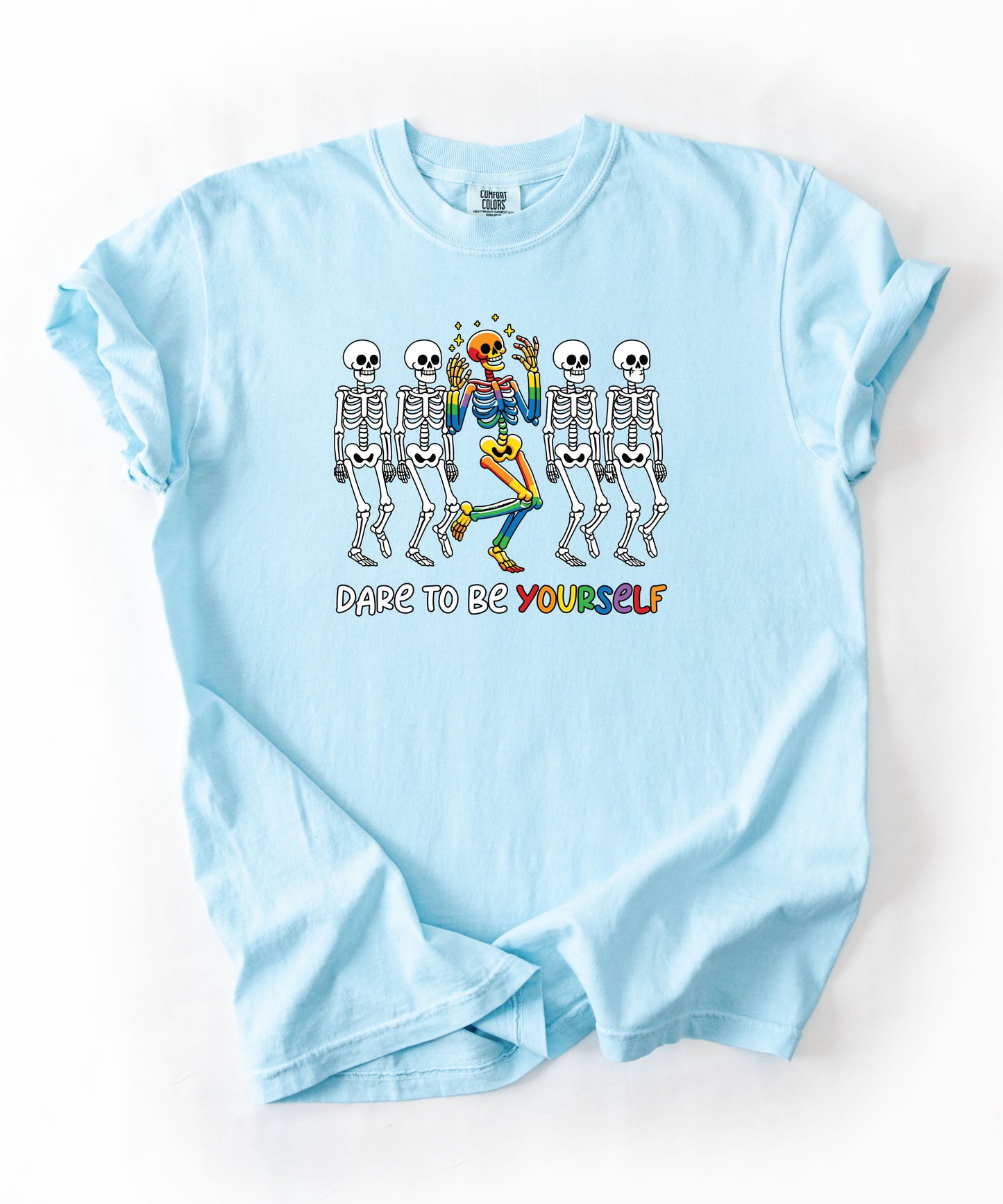 Dare to Be Yourself Rainbow Skeleton T-Shirt in Chambray — garment-dyed Halloween Pride tee
