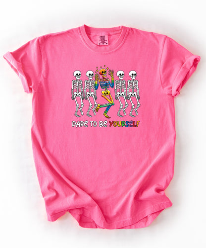 Dare to Be Yourself Rainbow Skeleton T-Shirt in Neon Pink — garment-dyed Halloween Pride tee