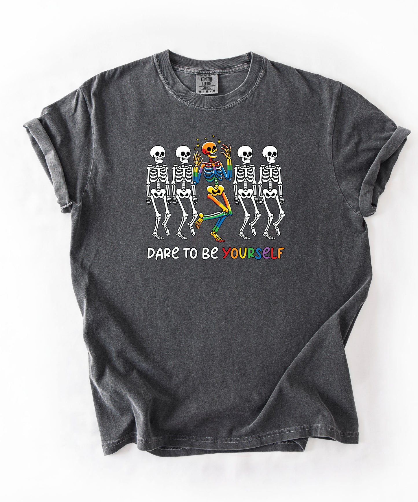 Dare to Be Yourself Rainbow Skeleton T-Shirt in Pepper — garment-dyed Halloween Pride tee