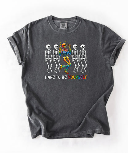 Dare to Be Yourself Rainbow Skeleton T-Shirt in Pepper — garment-dyed Halloween Pride tee