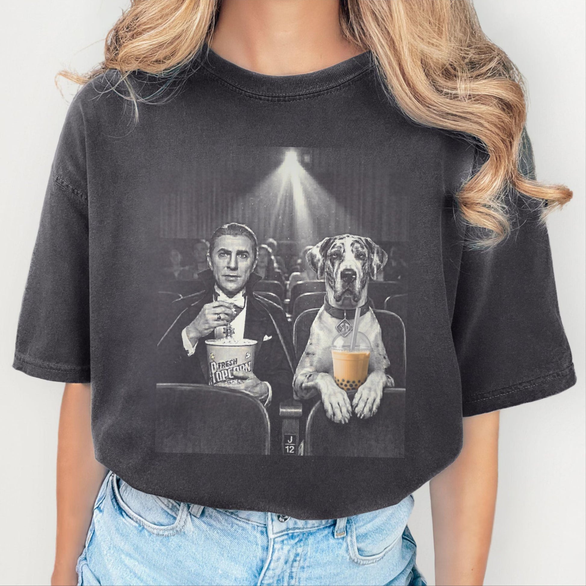 Movie Night Dracula & Great Dane T-Shirt Scary Movie Dog Graphic Tee – Pepper