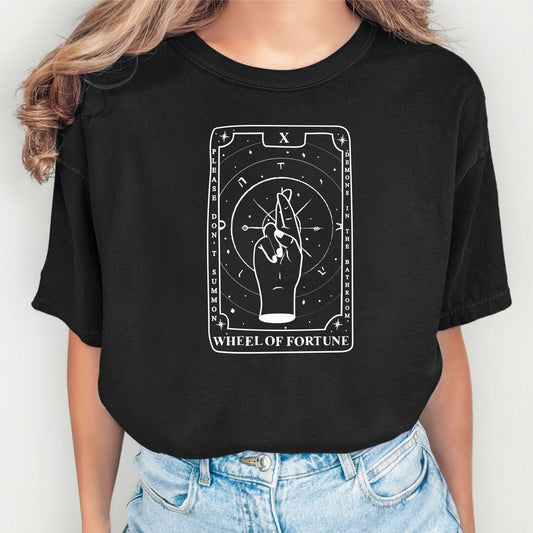 Wheel of Fortune Tarot T-Shirt Do Not Summon Demons in the Bathroom – Black