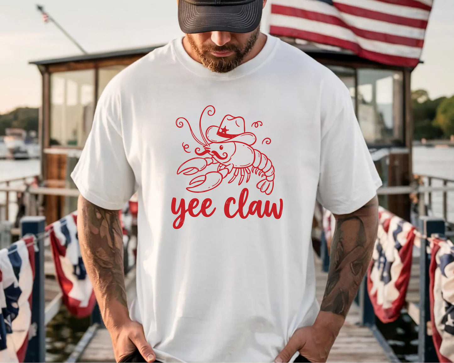 Yee Claw lobster cowboy graphic tee in White — Comfort Colors garment-dyed summer shirt