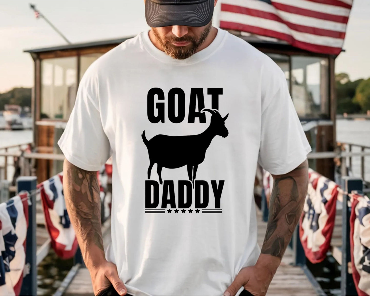 GOAT Daddy funny goat dad graphic tee in White — Comfort Colors garment-dyed Father's Day shirt