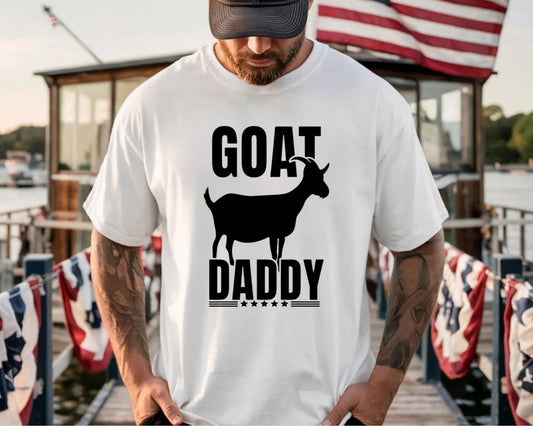 GOAT Daddy funny goat dad graphic tee in White — Comfort Colors garment-dyed Father's Day shirt