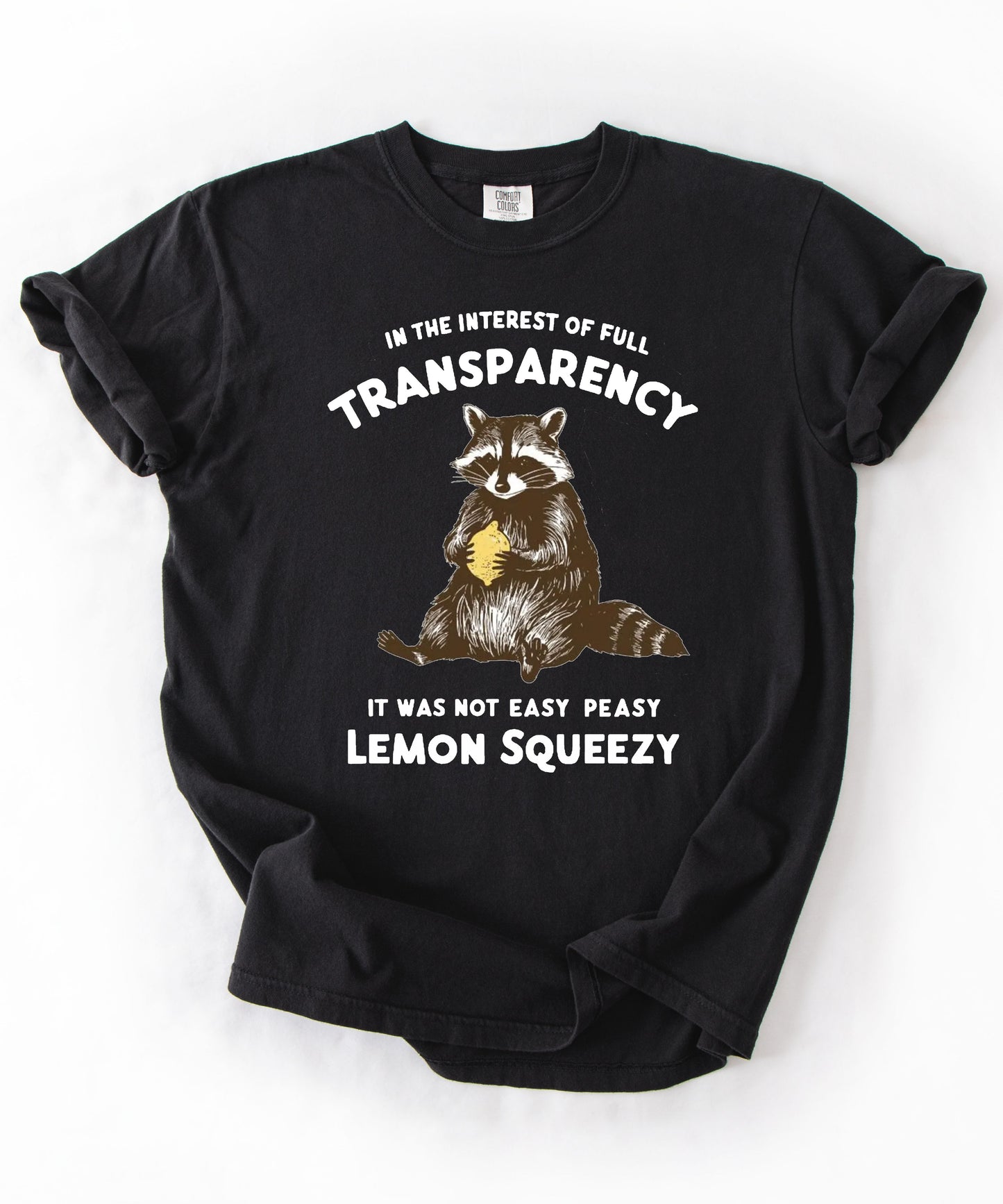 Funny raccoon sarcastic meme t-shirt in Black — "Was Not Easy Peasy Lemon Squeezy" graphic tee