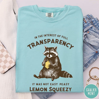 Funny raccoon sarcastic meme t-shirt in Chalky Mint— "Was Not Easy Peasy Lemon Squeezy" graphic tee