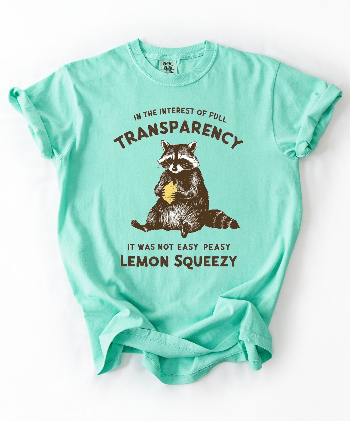 Funny raccoon sarcastic meme t-shirt in Island Reef — "Was Not Easy Peasy Lemon Squeezy" graphic tee