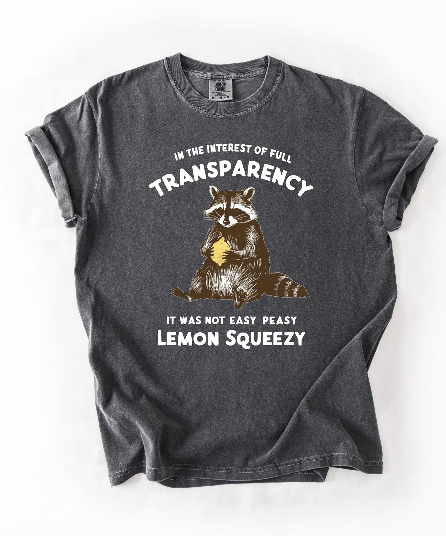 Funny raccoon sarcastic meme t-shirt in pepper — "Was Not Easy Peasy Lemon Squeezy" graphic tee