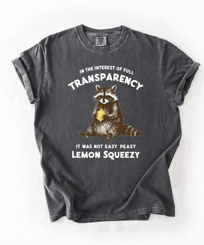 Funny raccoon sarcastic meme t-shirt in pepper — "Was Not Easy Peasy Lemon Squeezy" graphic tee