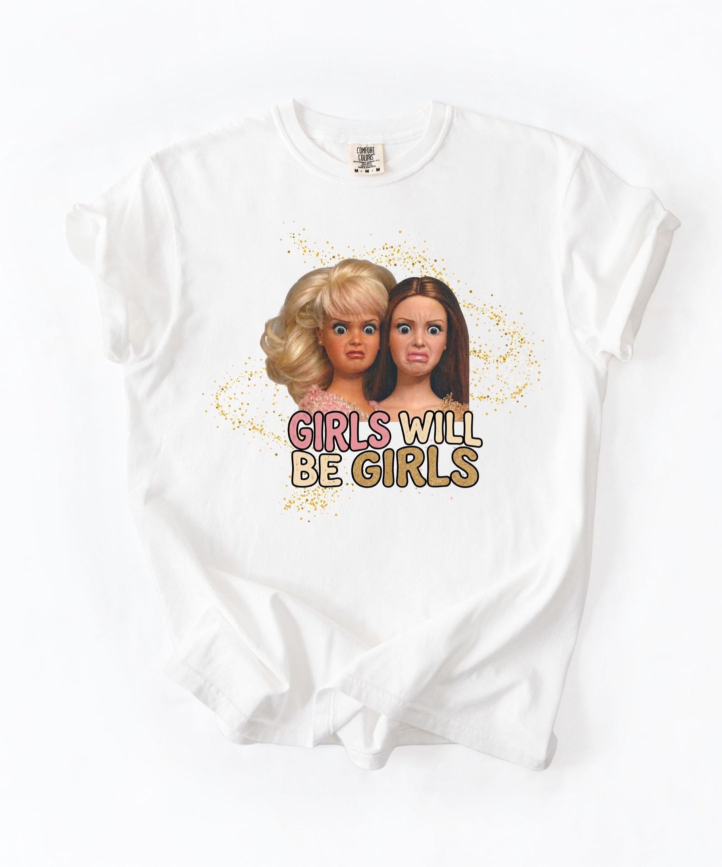 Girls Will Be Girls retro graphic t-shirt in White — vintage doll print feminist tee