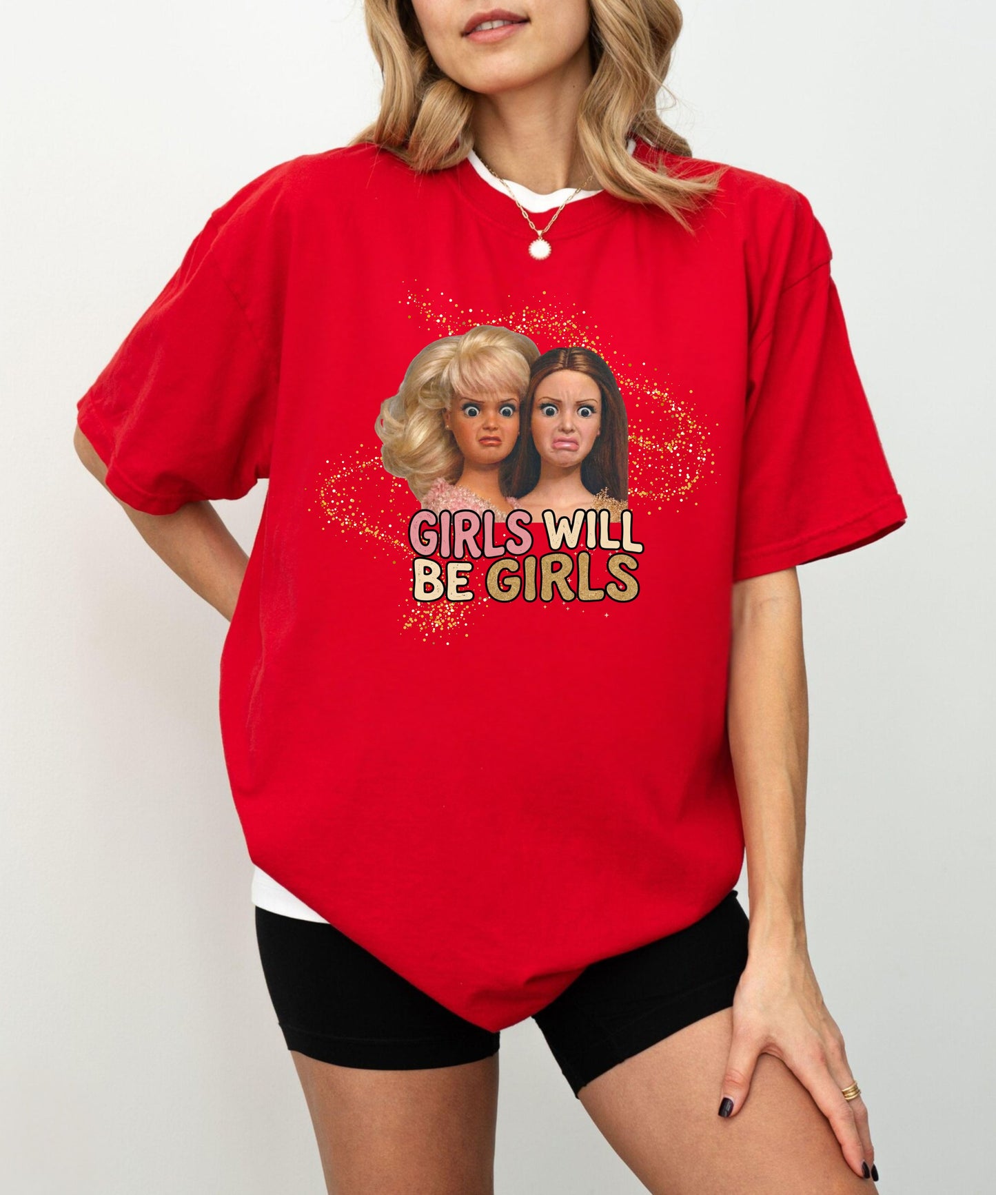 Girls Will Be Girls retro graphic t-shirt in Red — vintage doll print feminist tee