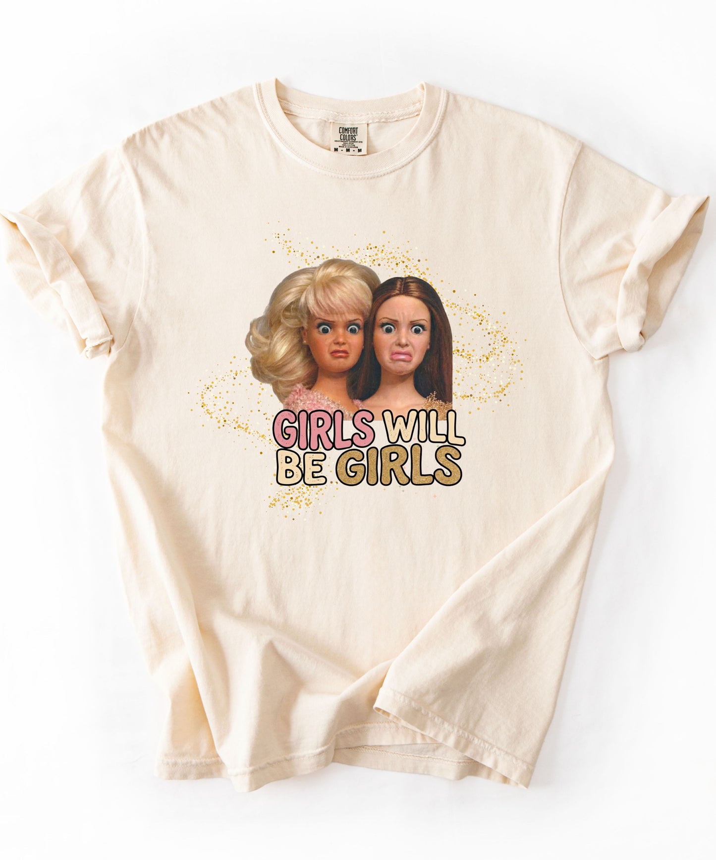 Girls Will Be Girls retro graphic t-shirt in Ivory — vintage doll print feminist tee