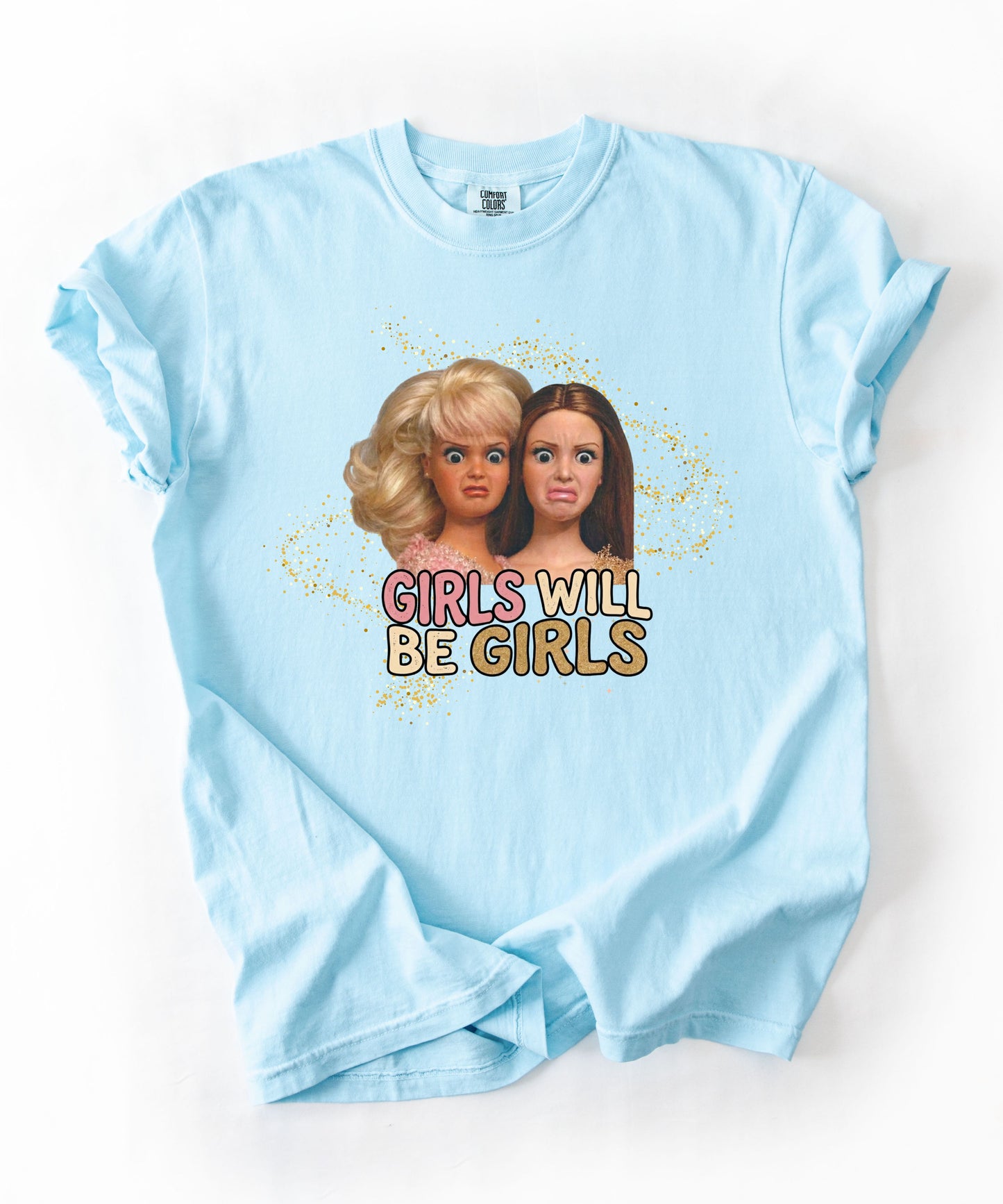Girls Will Be Girls retro graphic t-shirt in Chambray — vintage doll print feminist tee