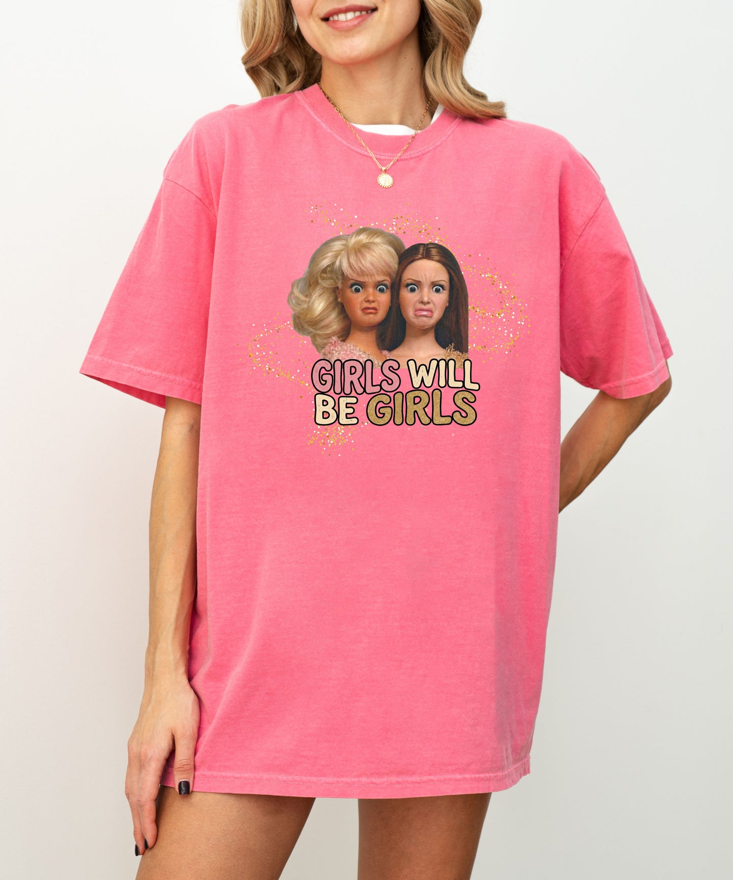 Girls Will Be Girls retro graphic t-shirt in Crunchberry — vintage doll print feminist tee
