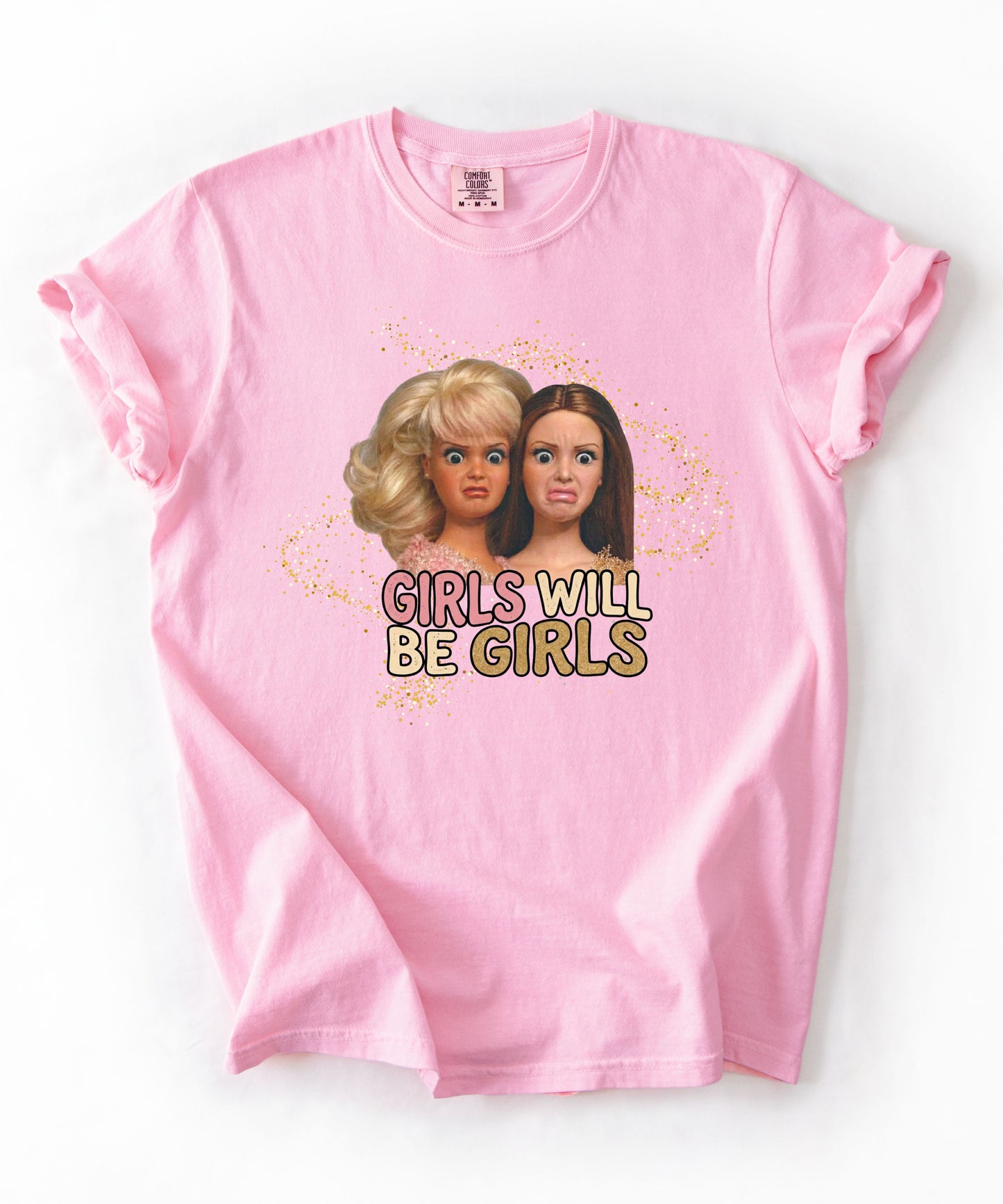 Girls Will Be Girls retro graphic t-shirt in Blossom — vintage doll print feminist tee