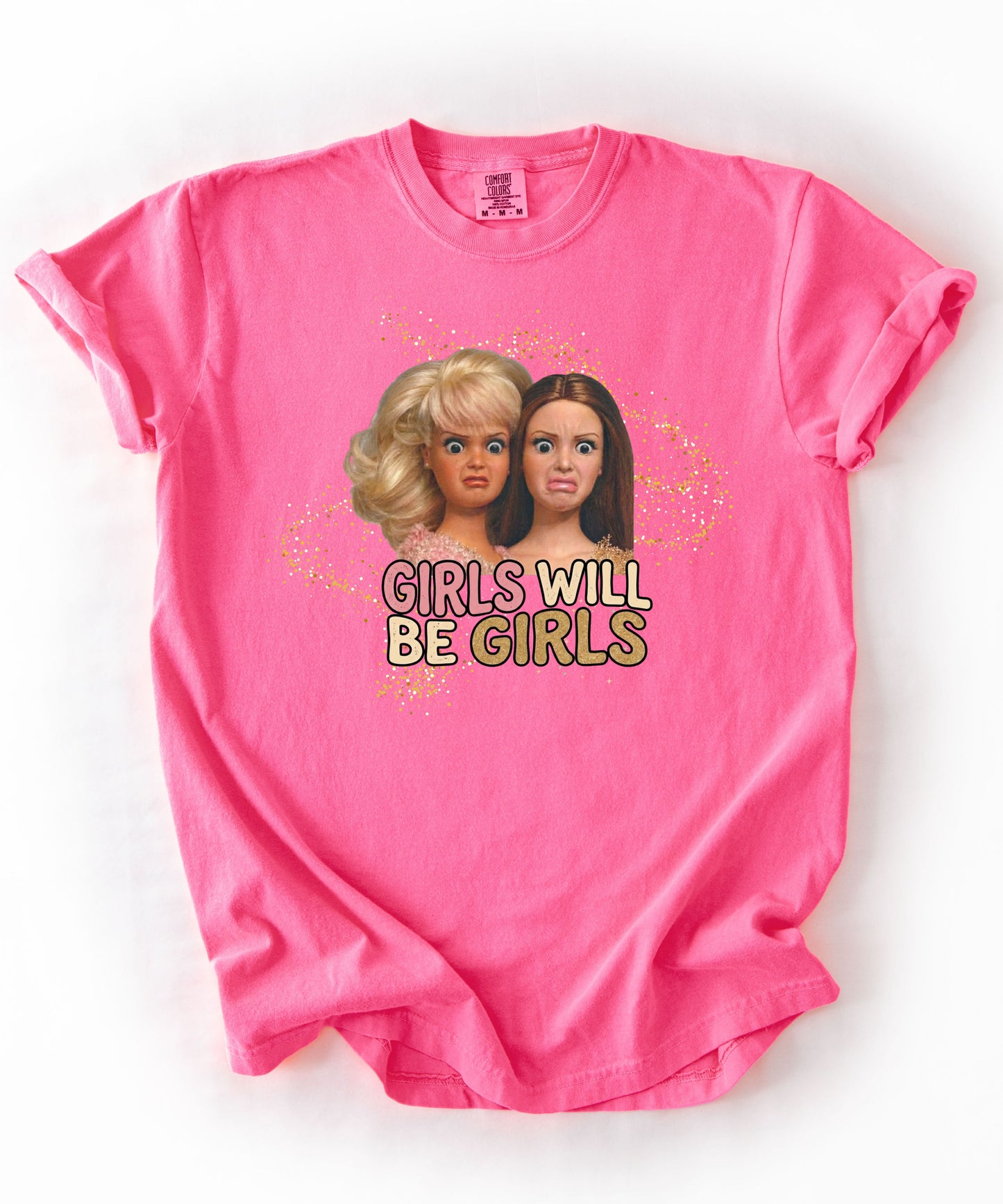 Girls Will Be Girls retro graphic t-shirt in Neon Pink — vintage doll print feminist tee
