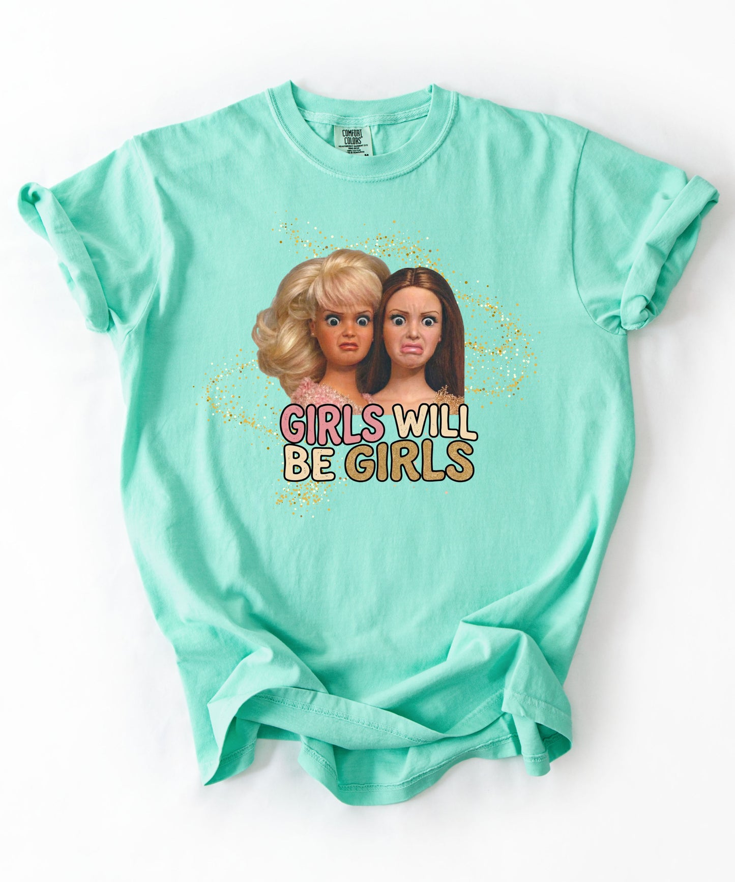 Girls Will Be Girls retro graphic t-shirt in Island Reef — vintage doll print feminist tee