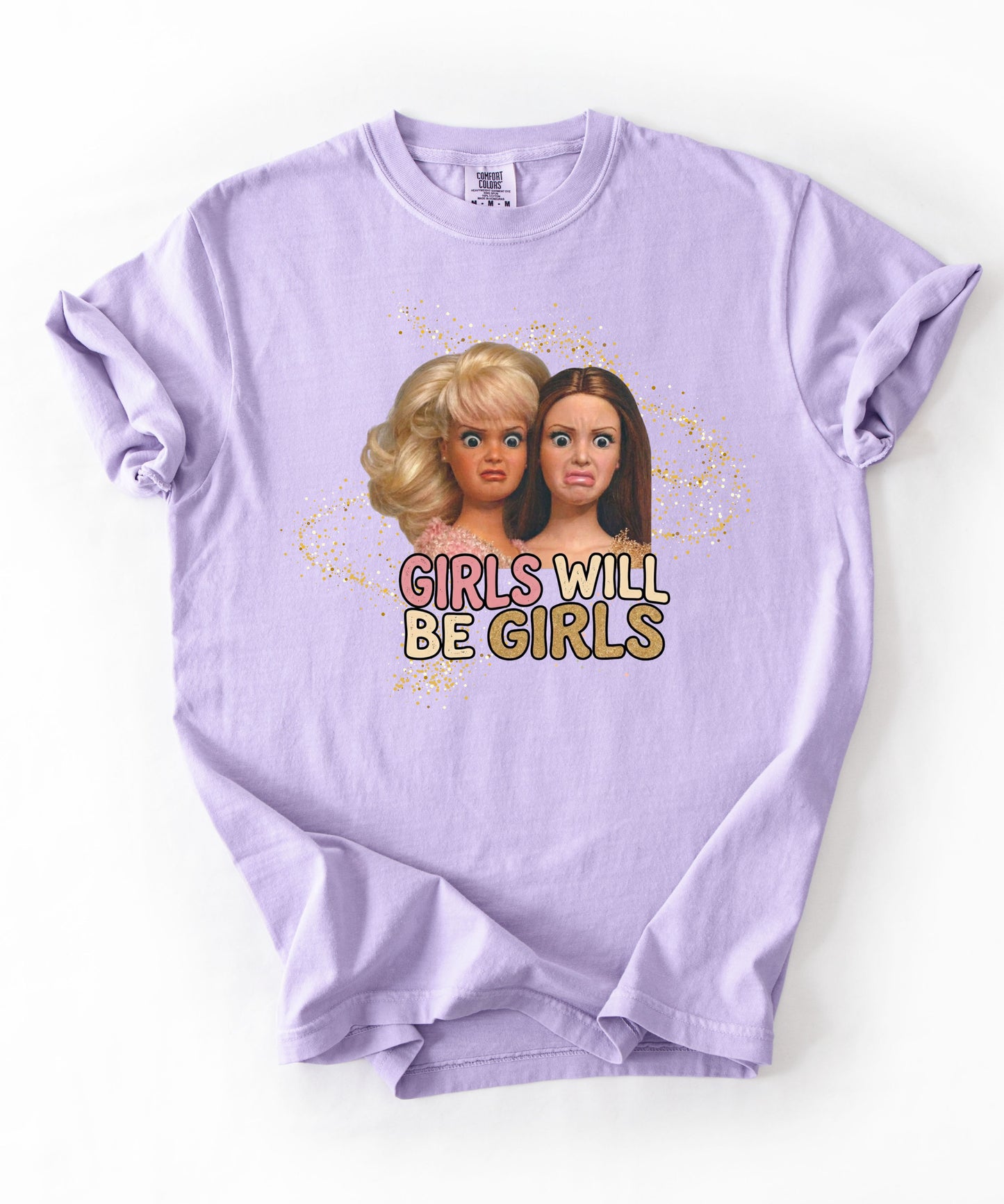 Girls Will Be Girls retro graphic t-shirt in Orchid — vintage doll print feminist tee