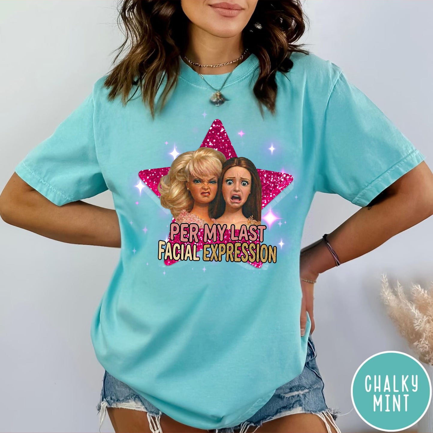 Per My Last Facial Expression vintage doll tee in Chalky Mint — sarcastic funny graphic shirt