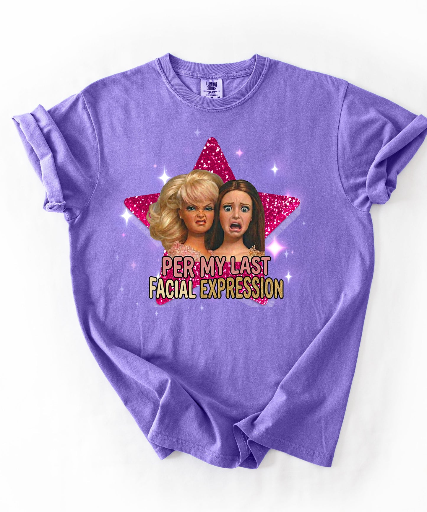 Per My Last Facial Expression vintage doll tee in Violet — sarcastic funny graphic shirt