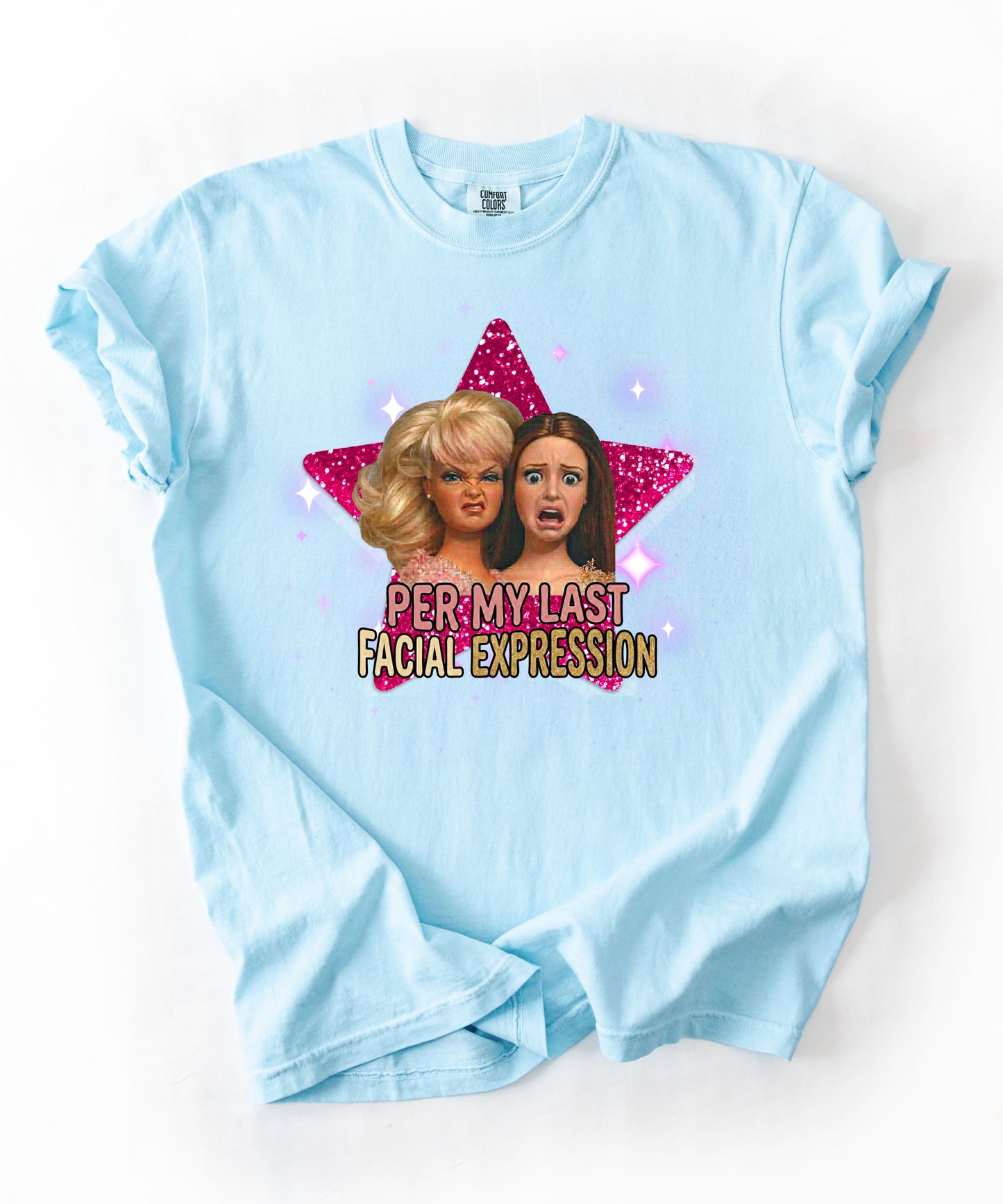 Per My Last Facial Expression vintage doll tee in Chambray — sarcastic funny graphic shirt