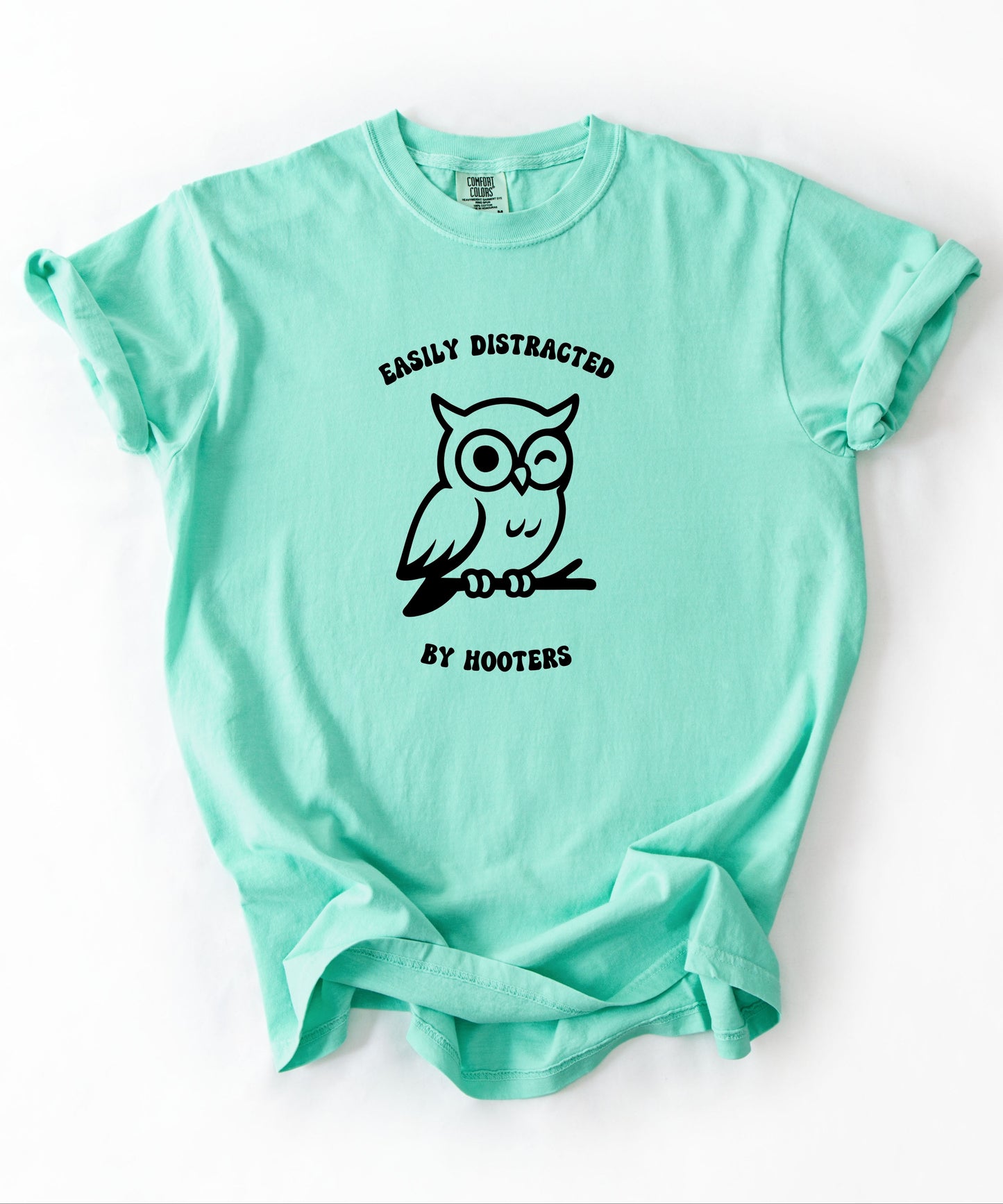 asily Distracted by Hooters funny owl graphic tee in Island Reef  – GodaStudio
