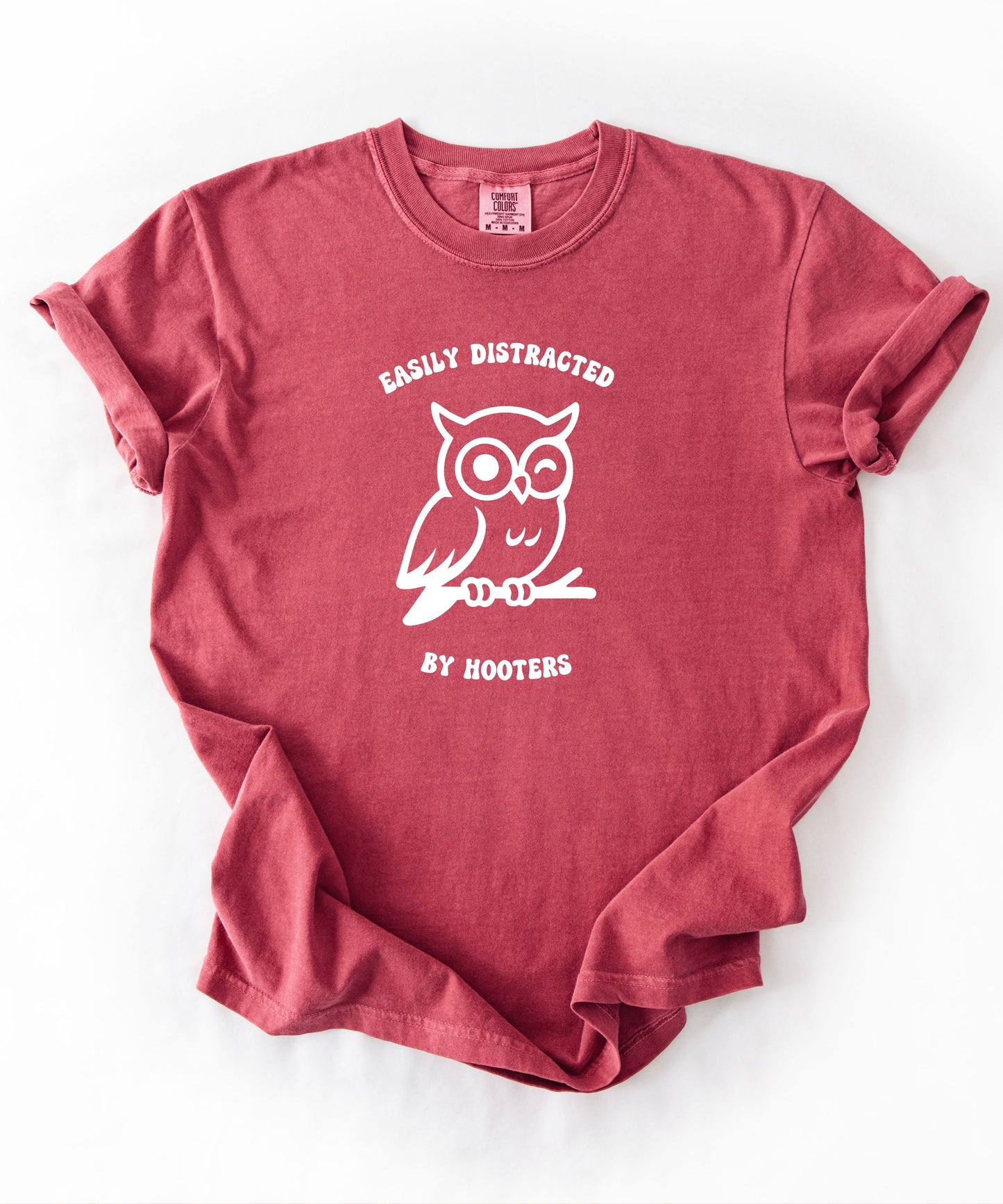 asily Distracted by Hooters funny owl graphic tee in Crimson – GodaStudio