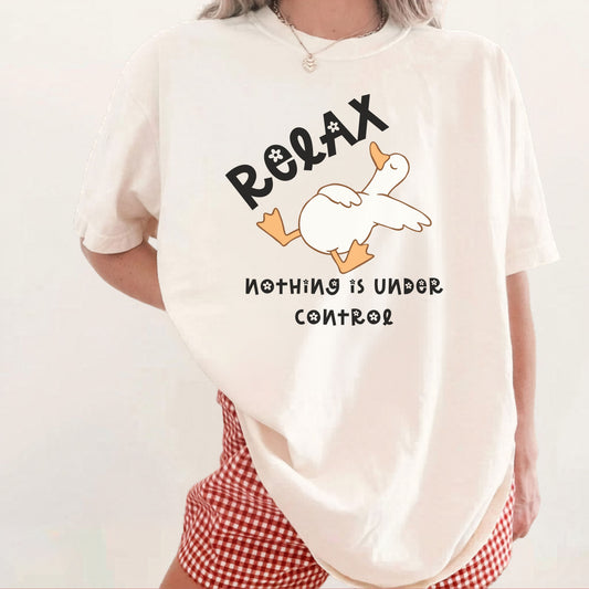 Silly Goose Relax Nothing Is Under Control T-Shirt in Ivory garment-dyed graphic tee