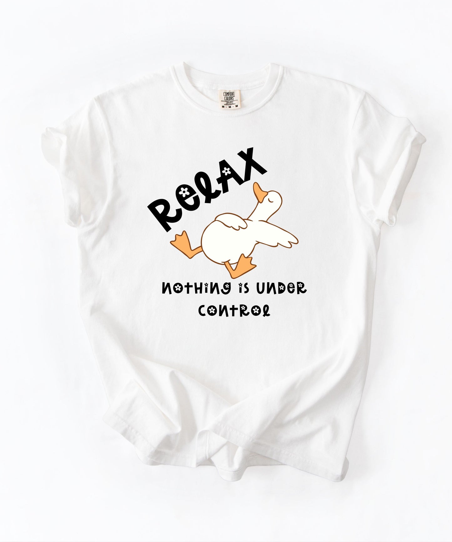 Silly Goose Relax Nothing Is Under Control T-Shirt in White garment-dyed graphic tee