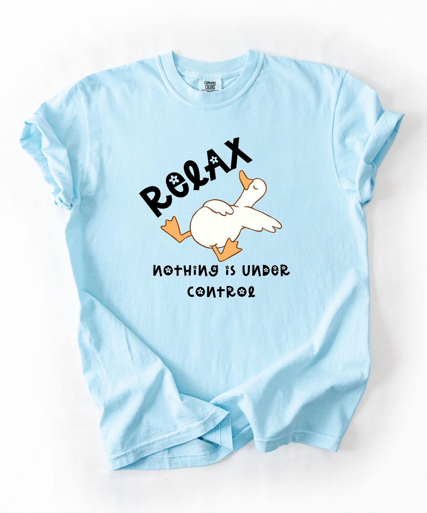 Silly Goose Relax Nothing Is Under Control T-Shirt in Chambray garment-dyed graphic tee