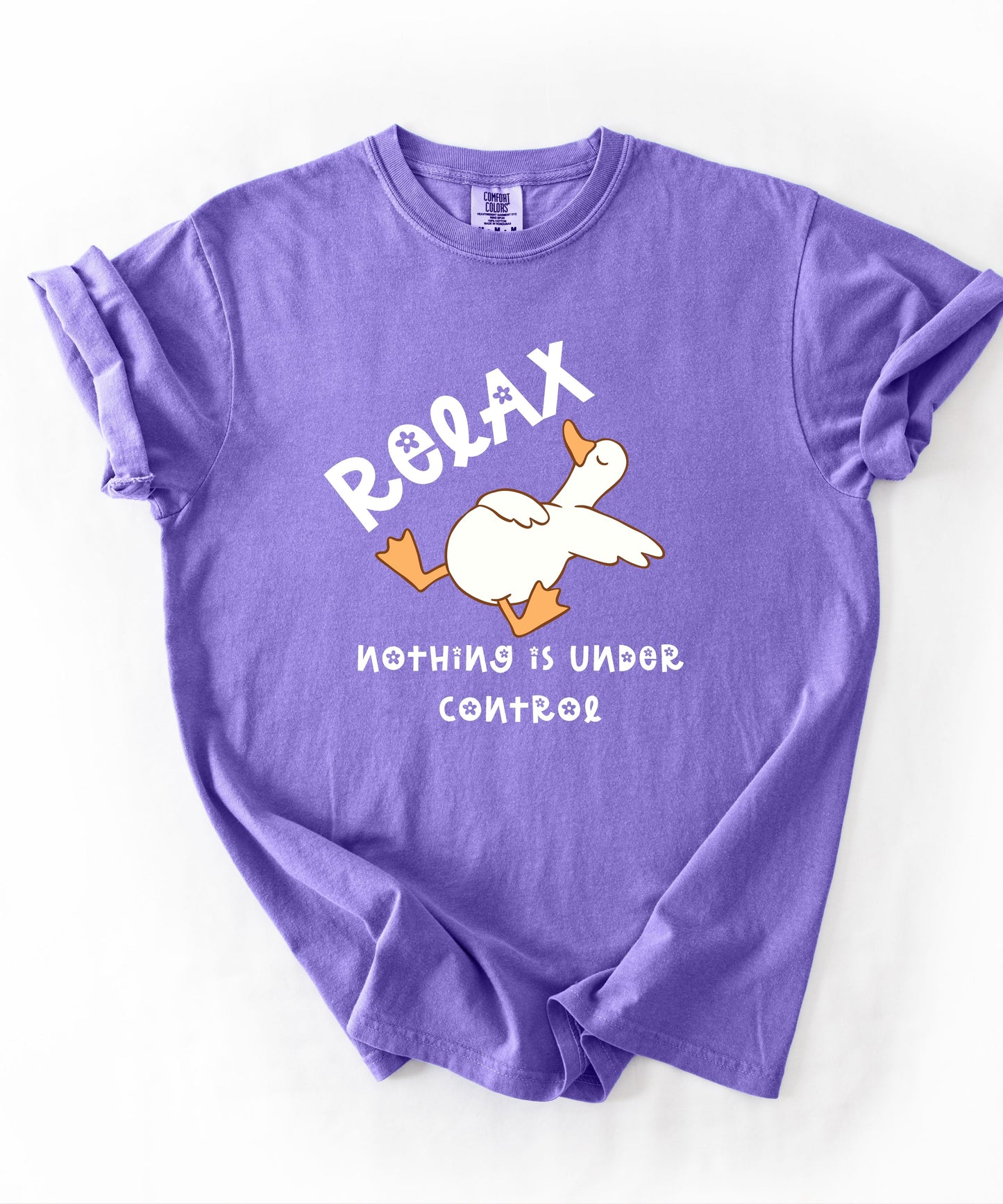 Silly Goose Relax Nothing Is Under Control T-Shirt in Violet garment-dyed graphic tee