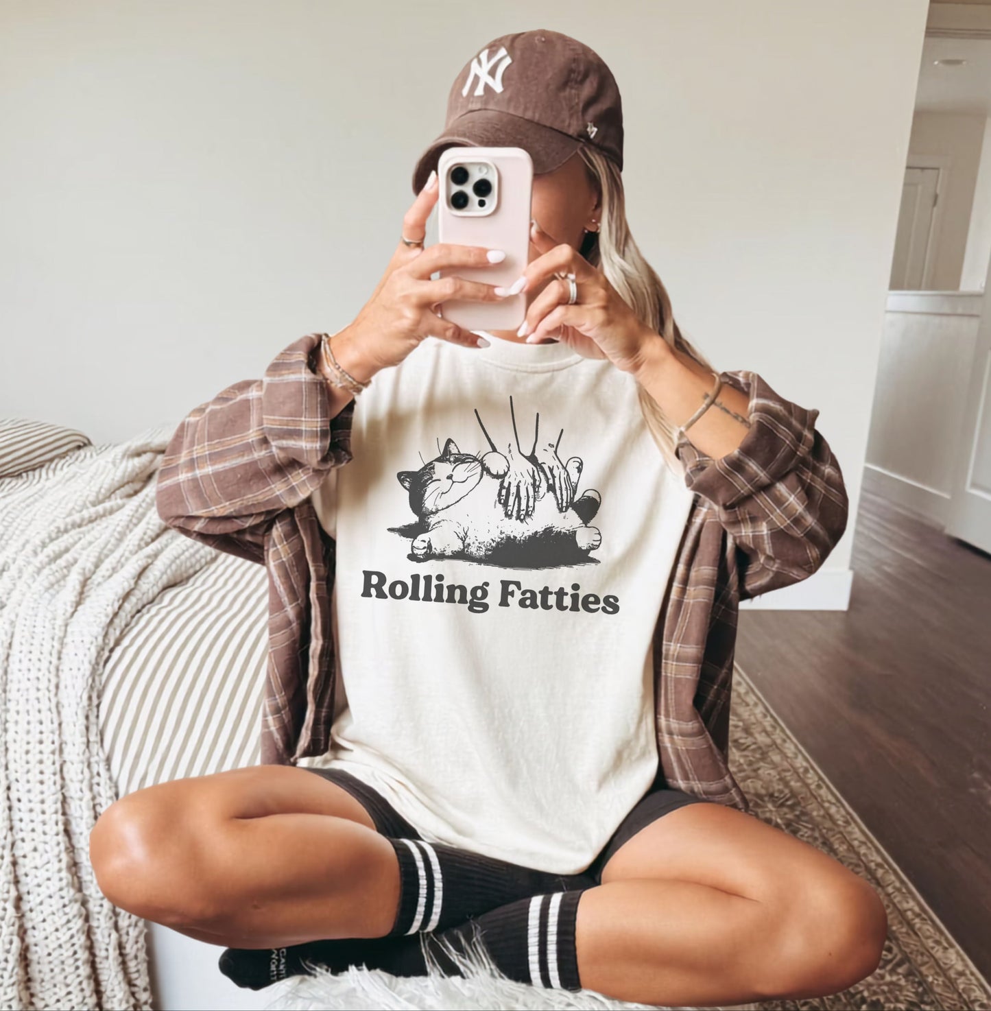 Rolling Fatties Funny Cat T-Shirt in Ivory garment-dyed graphic tee for cat lovers