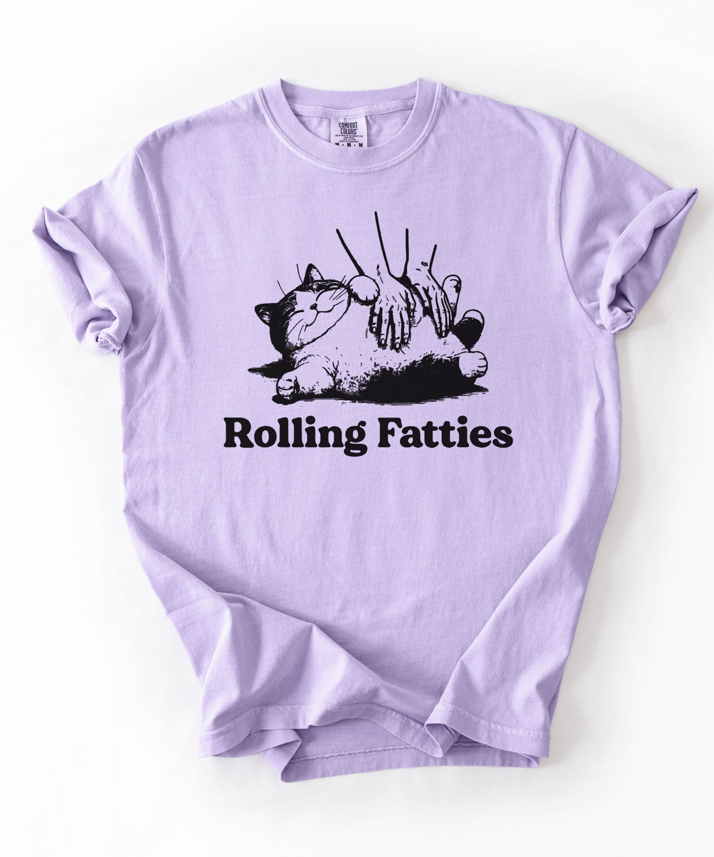 Rolling Fatties Funny Cat T-Shirt in Orchid garment-dyed graphic tee for cat lovers