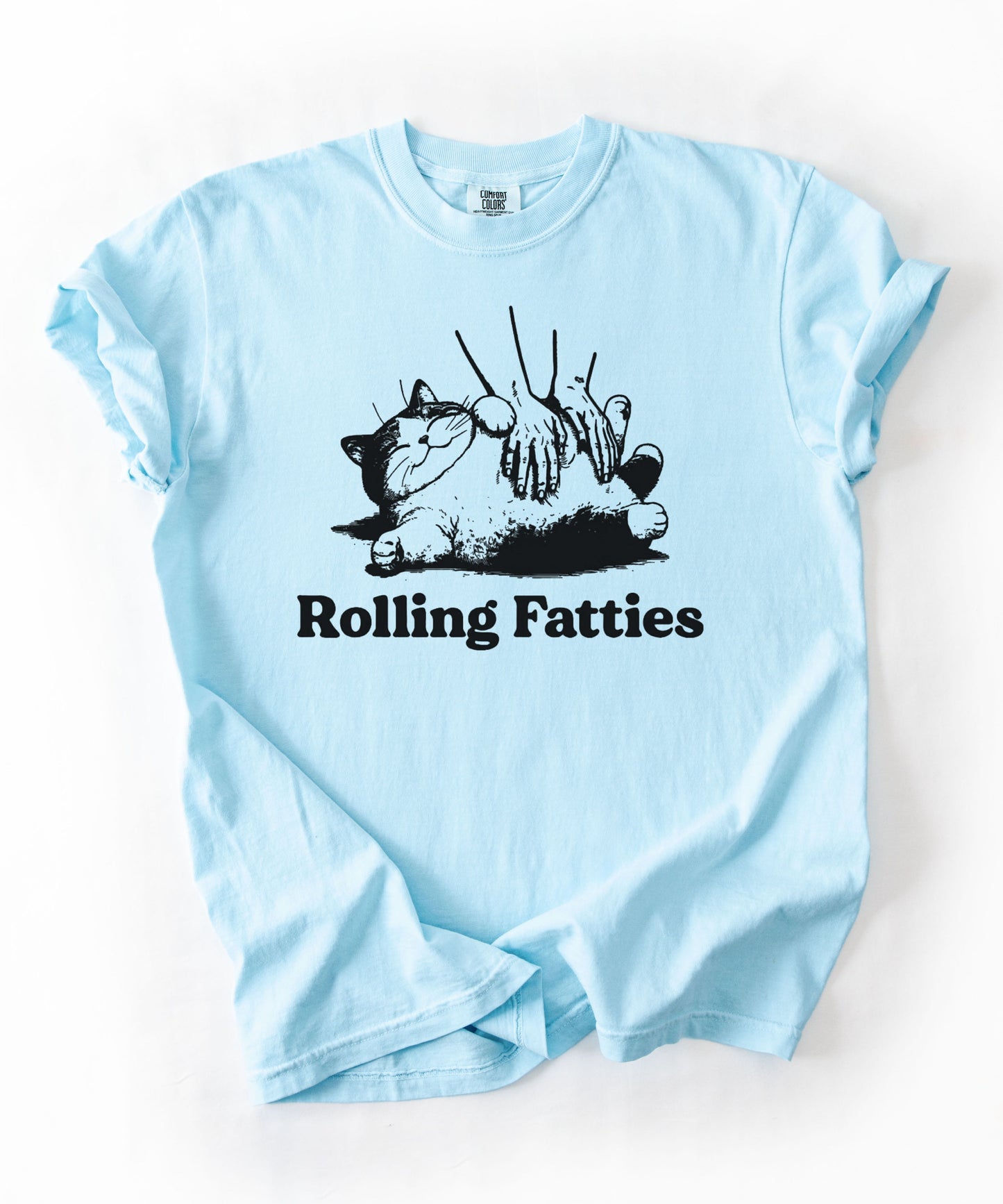 Rolling Fatties Funny Cat T-Shirt in Chambray garment-dyed graphic tee for cat lovers