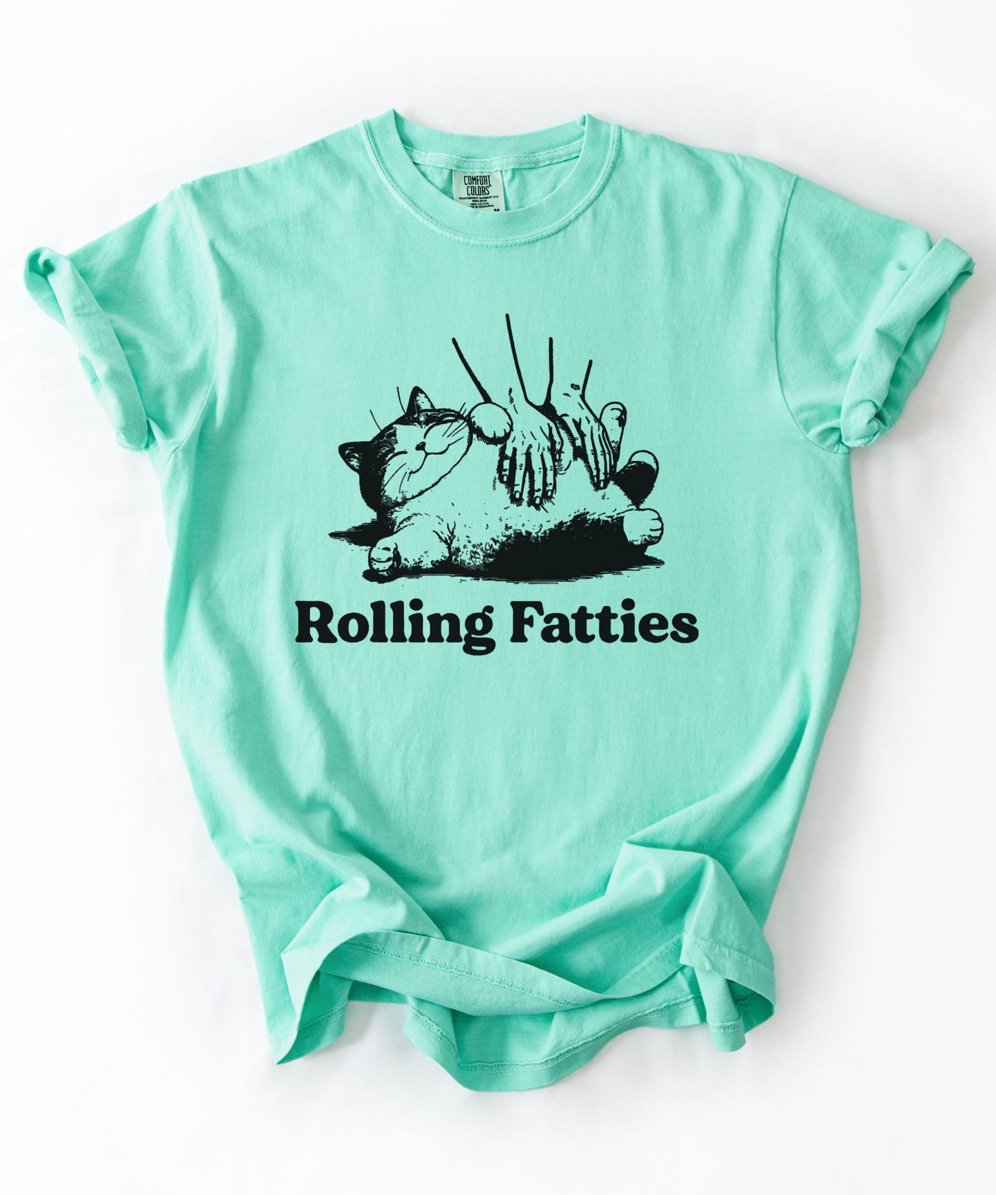 Rolling Fatties Funny Cat T-Shirt in Island Reef garment-dyed graphic tee for cat lovers