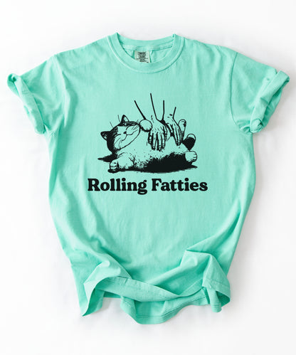 Rolling Fatties Funny Cat T-Shirt in Island Reef garment-dyed graphic tee for cat lovers