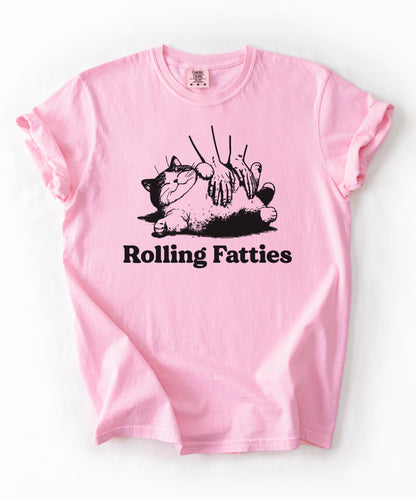 Rolling Fatties Funny Cat T-Shirt in Blossom garment-dyed graphic tee for cat lovers