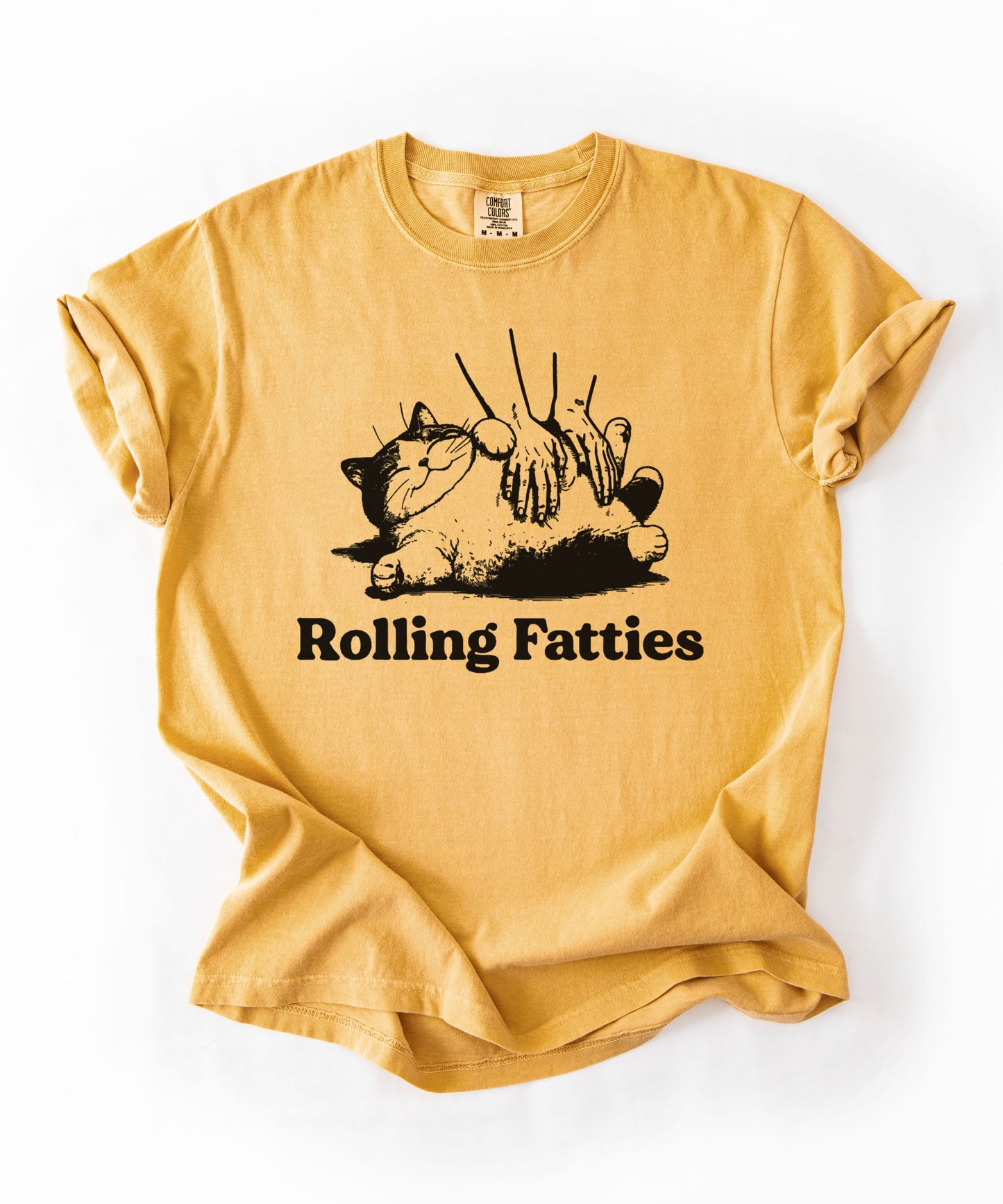 Rolling Fatties Funny Cat T-Shirt in Mustard garment-dyed graphic tee for cat lovers