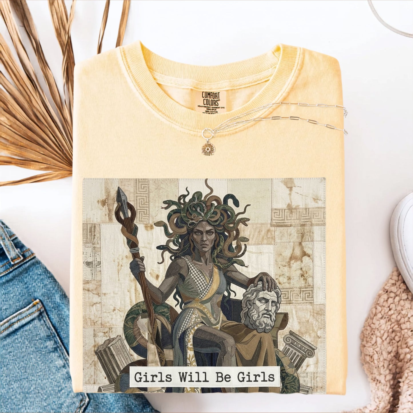 Medusa Girls Will Be Girls Dark Feminine Graphic Tee in butter  garment-dyed cotton