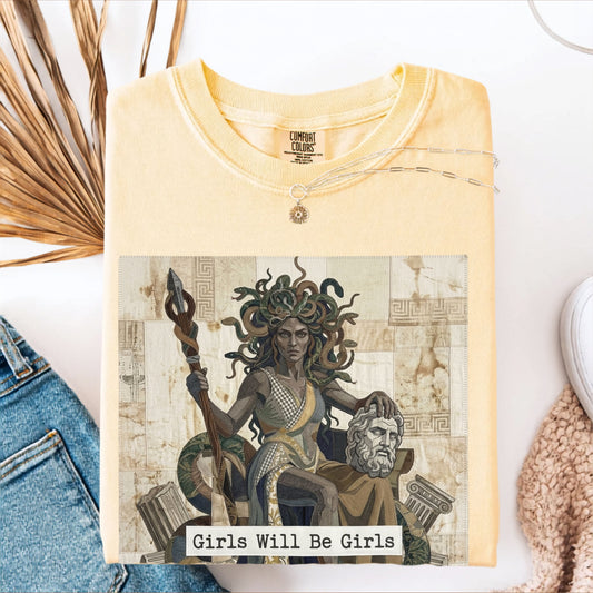 Medusa Girls Will Be Girls Dark Feminine Graphic Tee in butter  garment-dyed cotton