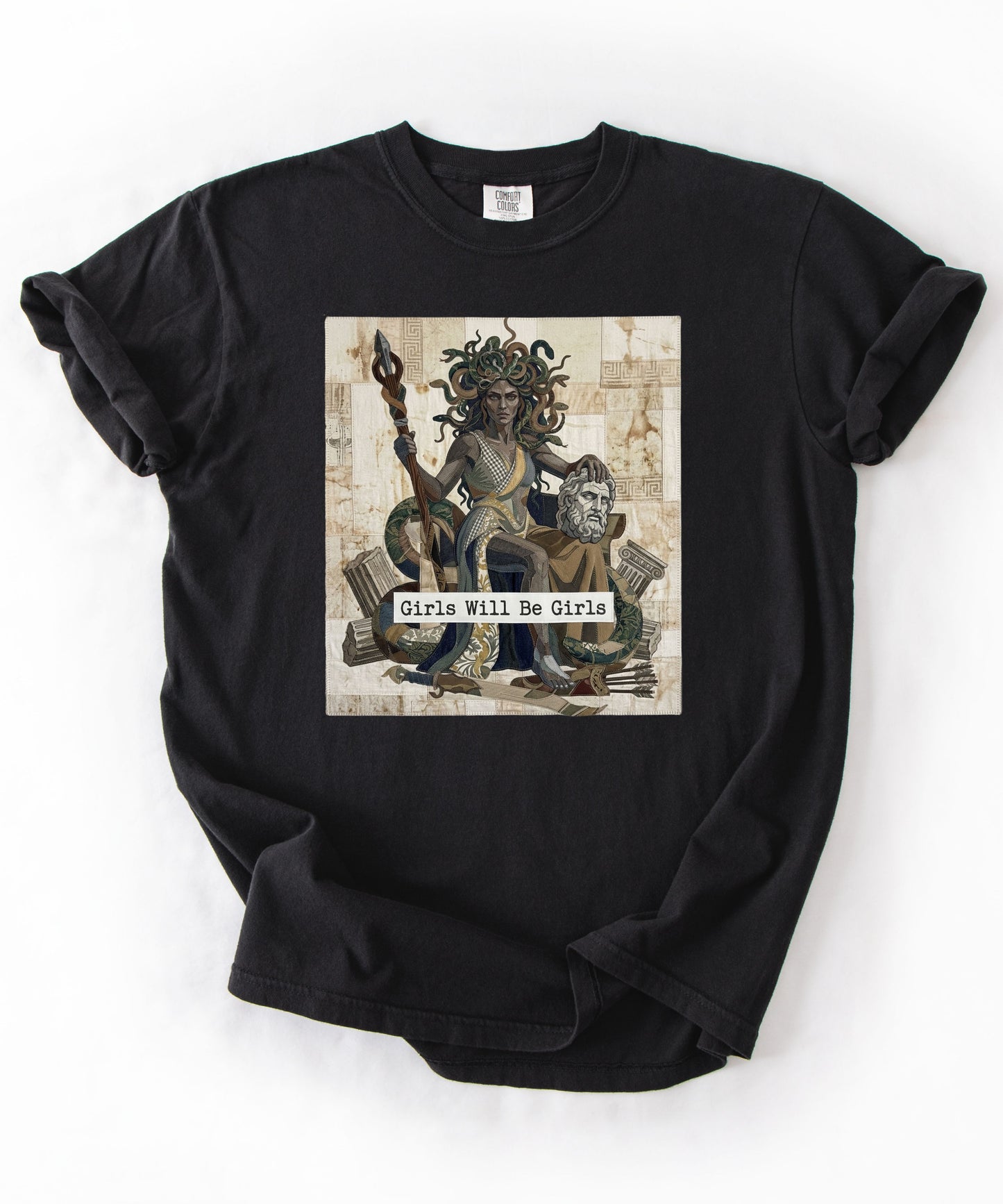 Medusa Girls Will Be Girls Dark Feminine Graphic Tee in Black garment-dyed cotton
