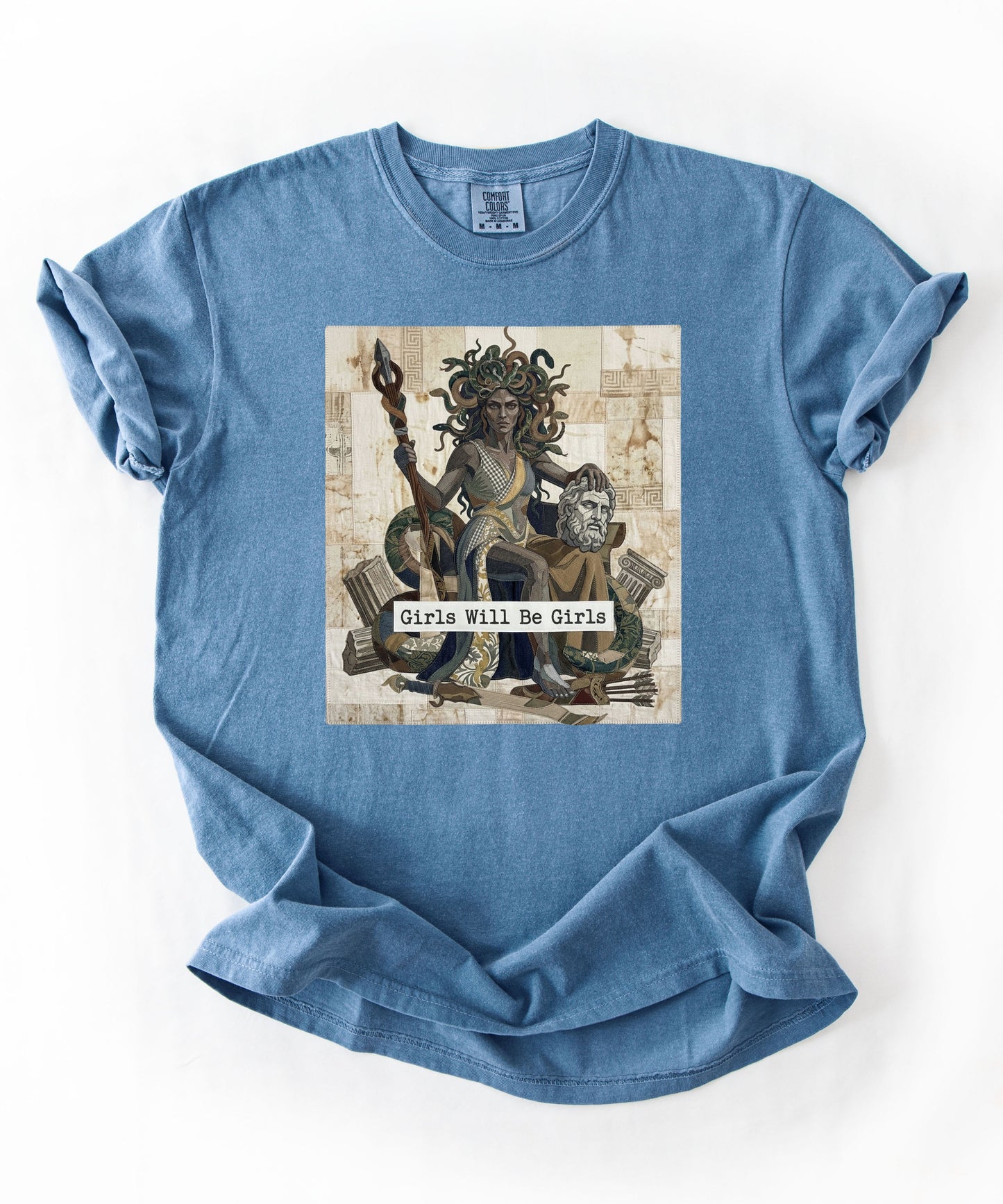 Medusa Girls Will Be Girls Dark Feminine Graphic Tee in Blue jean garment-dyed cotton