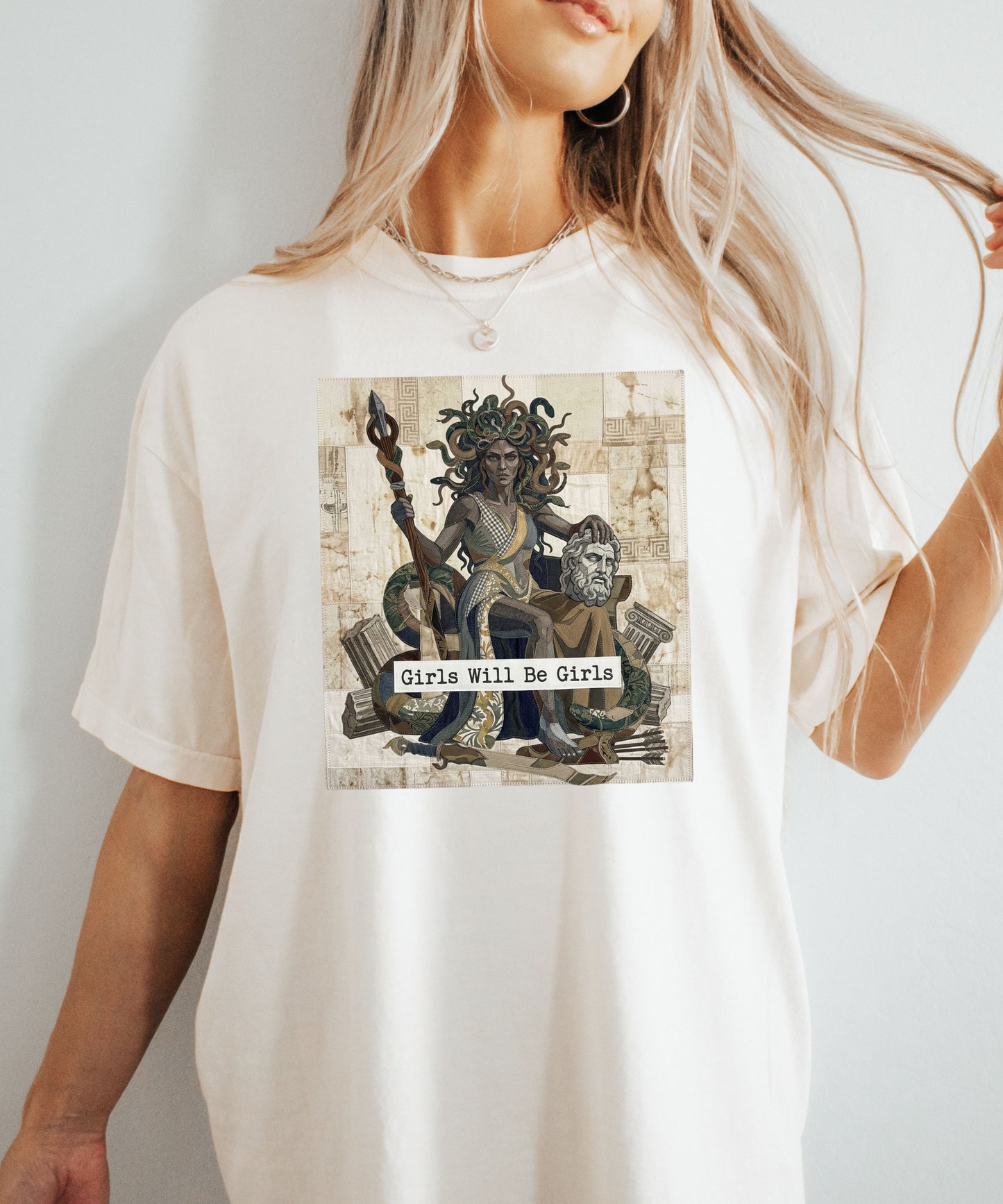 Medusa Girls Will Be Girls Dark Feminine Graphic Tee in Ivory garment-dyed cotton
