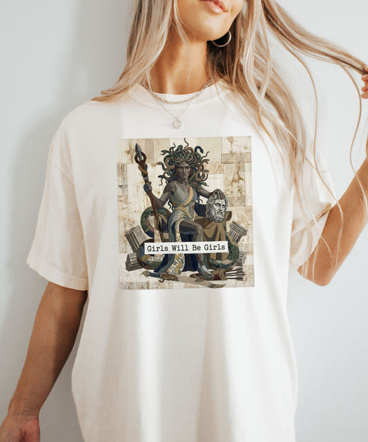 Medusa Girls Will Be Girls Dark Feminine Graphic Tee in Ivory garment-dyed cotton