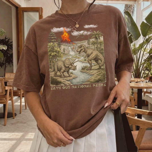 Save Our National Parks shirt in Espresso — vintage dinosaur graphic tee for nature lovers