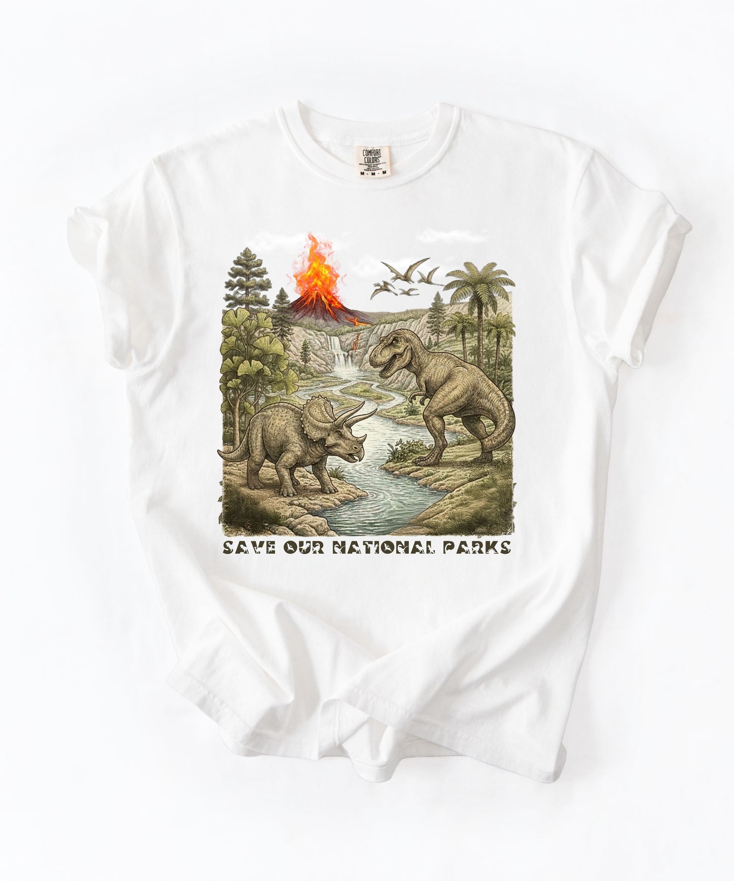 Save Our National Parks shirt in White — vintage dinosaur graphic tee for nature lovers