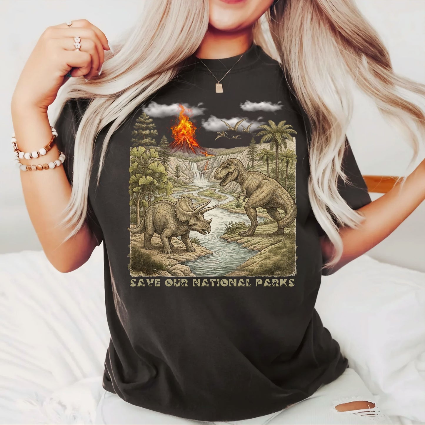 Save Our National Parks shirt in Black— vintage dinosaur graphic tee for nature lovers