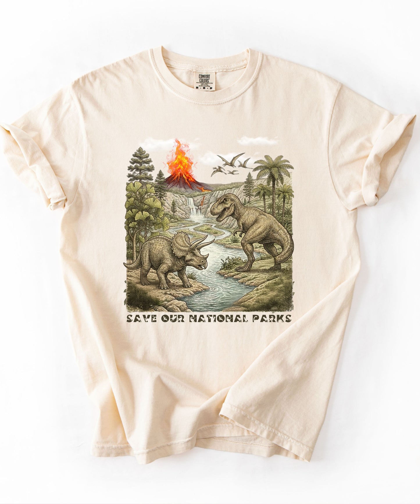 Save Our National Parks shirt in Ivory— vintage dinosaur graphic tee for nature lovers